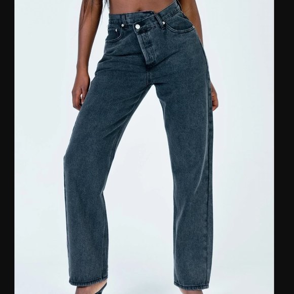Princess Polly Holly Asymmetric Straight Leg Jean Black Denim - Picture 1 of 5